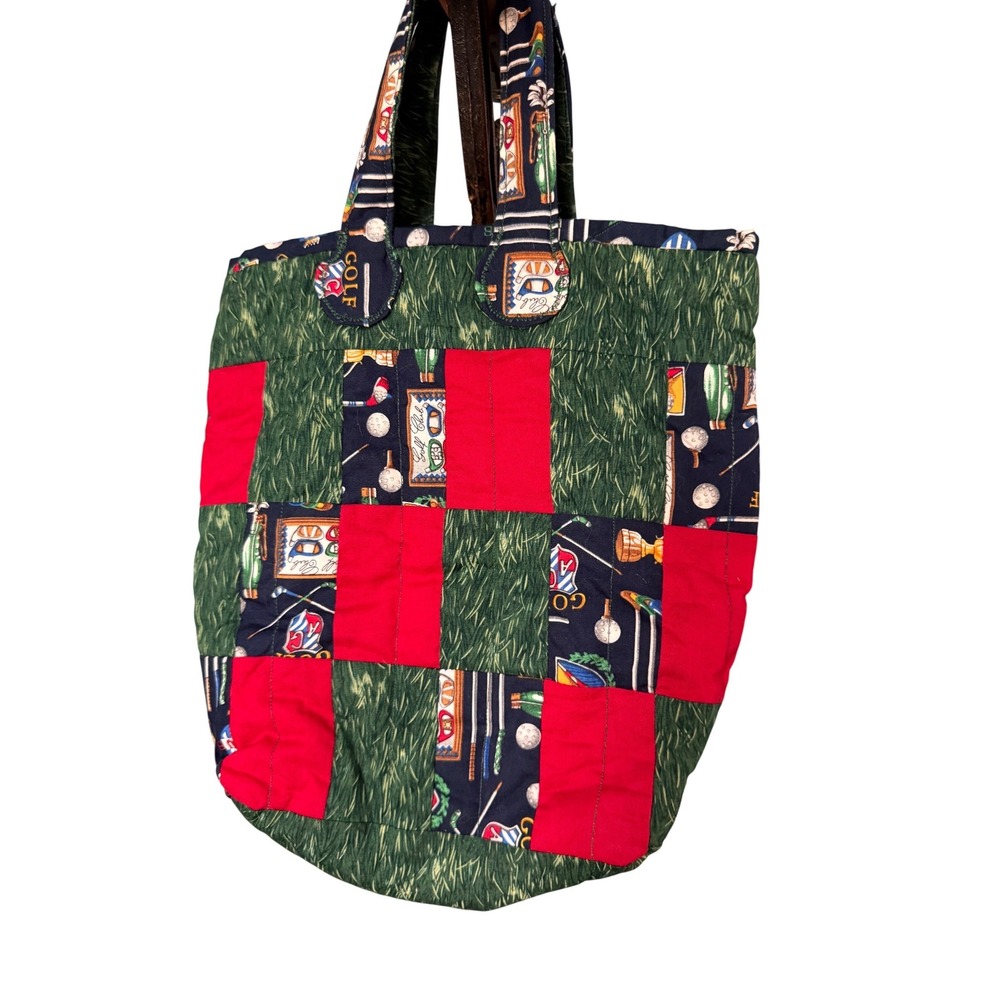 Handmade Quilted Tee Time Golf Tote Bag Patchwork Green Red Novelty Print Bag